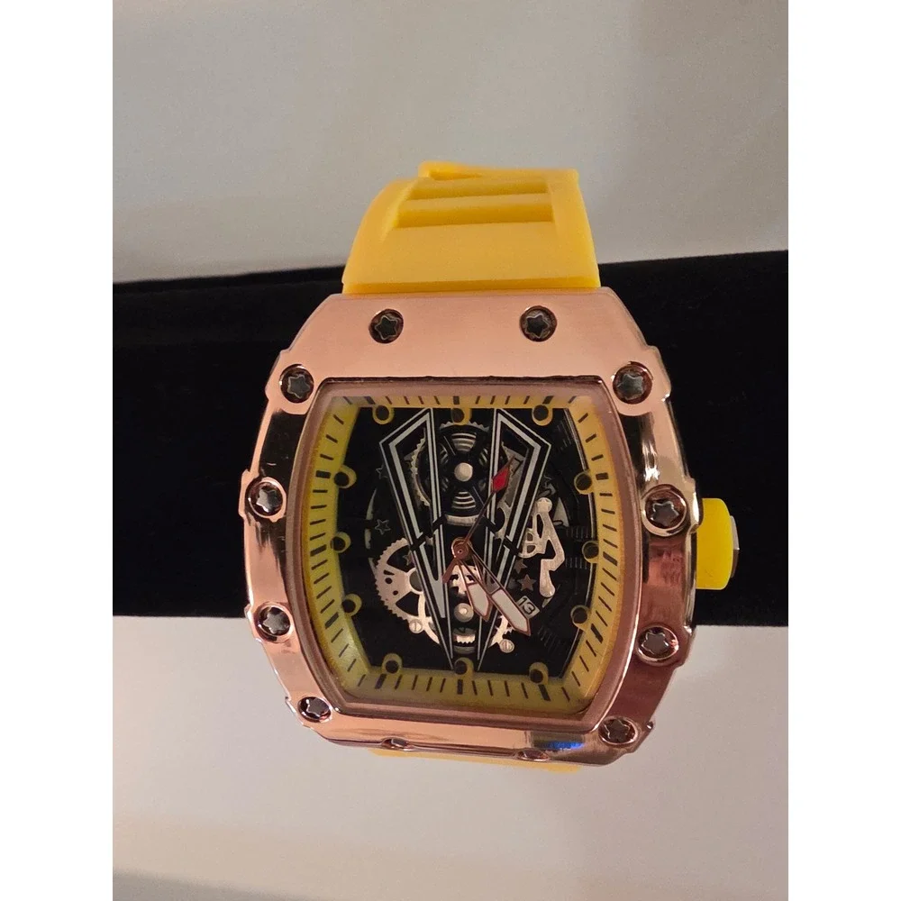 Rose Gold Tone Skeleton Dial Watch Yellow Silicone Strap Tonneau Case Sport